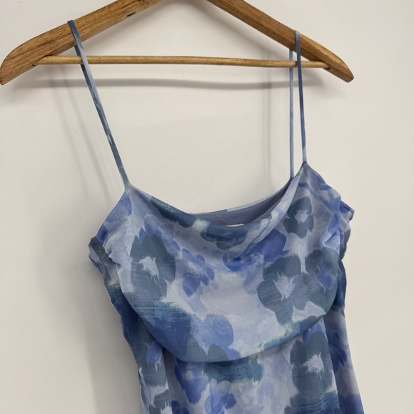 See You Monday Mini Dress Women's Size XL Blue Floral Spaghetti Strap Micro Mesh - Picture 3 of 9